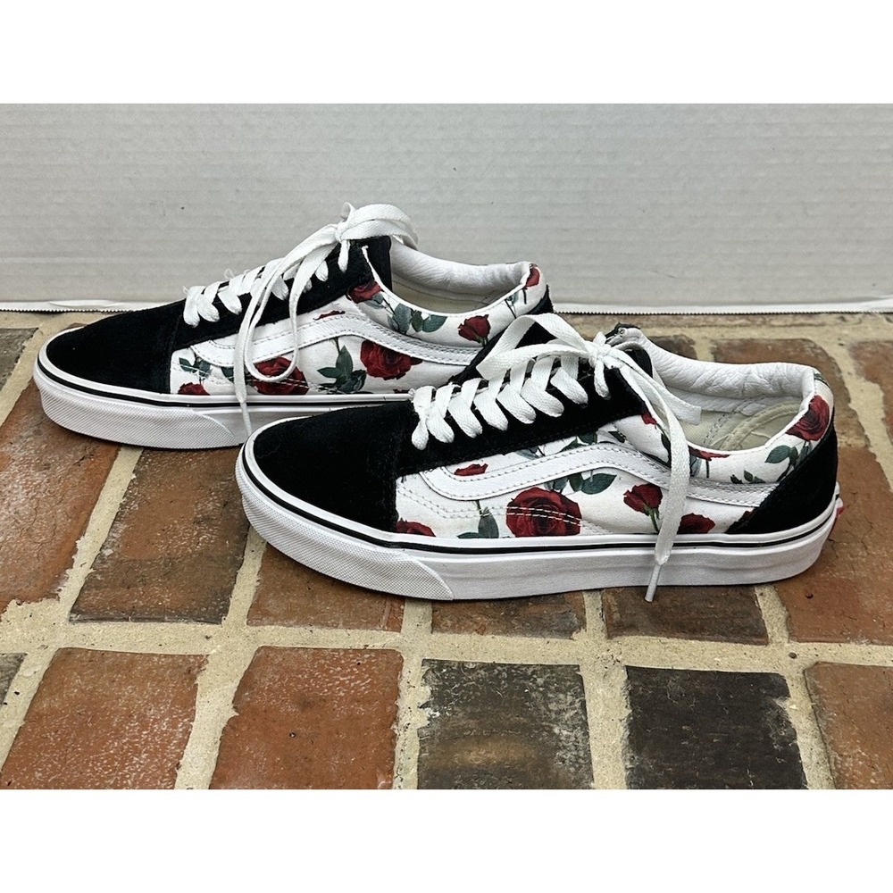 Van Old Skool Red Rose Sneaker Floral Canvas Black Suede Low Top Shoes Women 8.5 - Picture 5 of 8